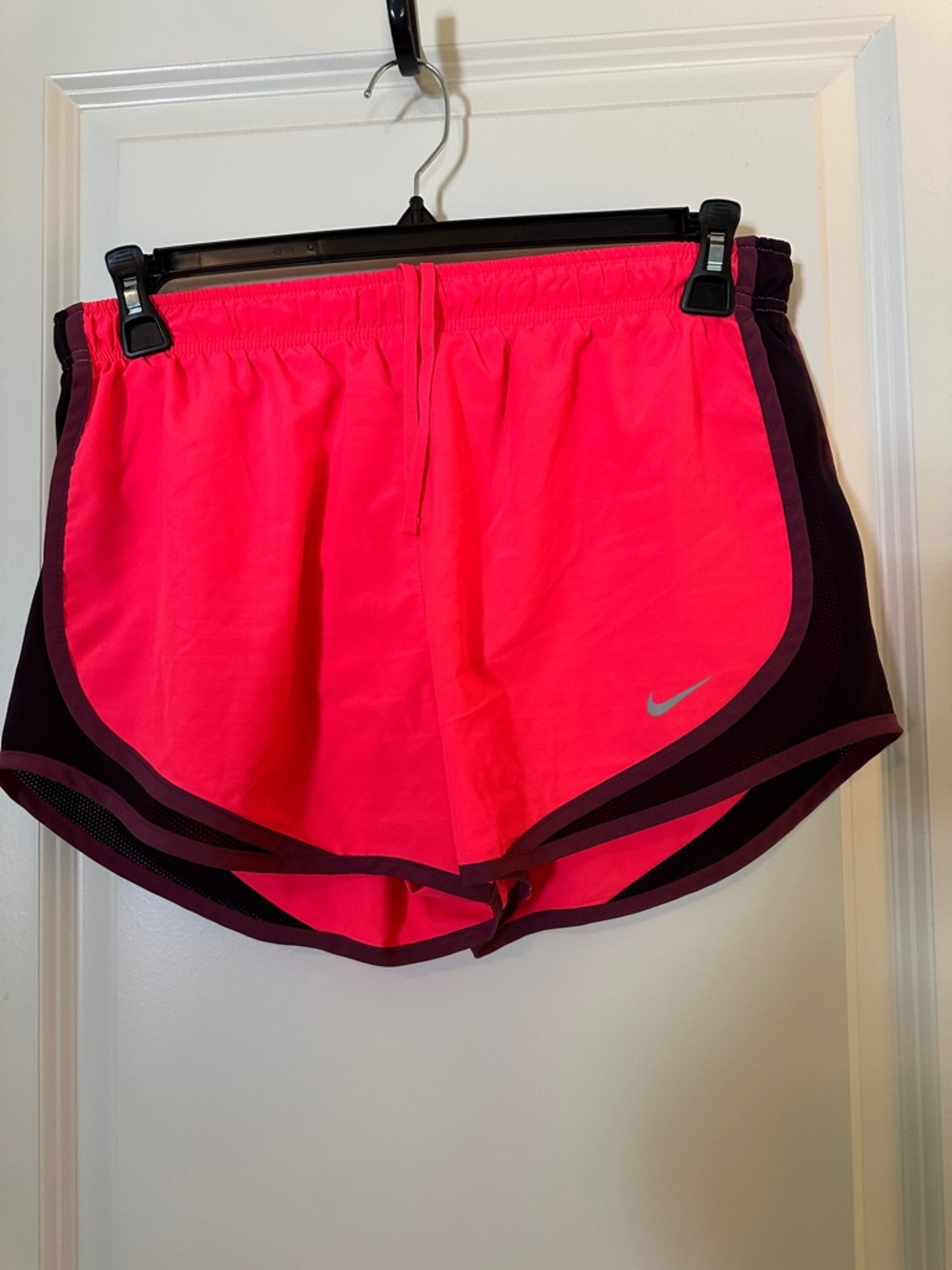 Nike Women's Neon Pink Running Shorts with Plum Trim. Dri-Fit